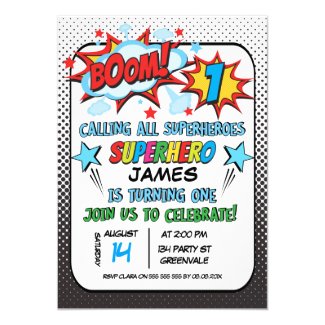 Boys Superhero 1st Birthday Invitation