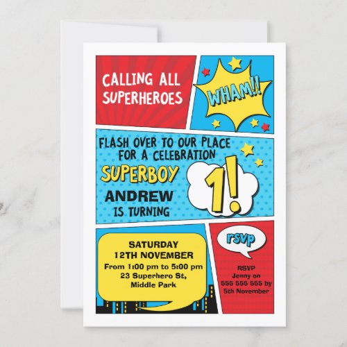 Boys Superhero 1st Birthday Invitation