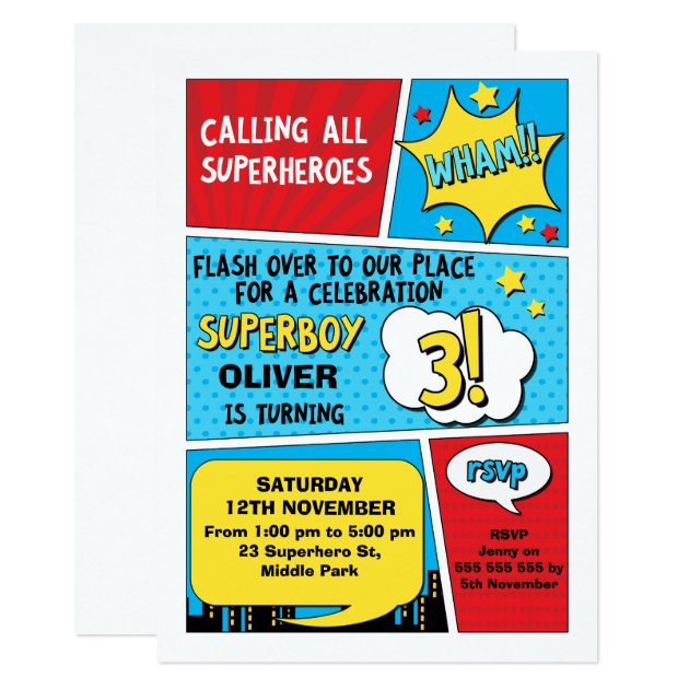 Boys Superhero 3rd Birthday Invitation