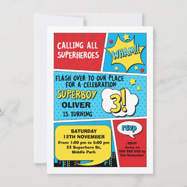 Boys Superhero 3rd Birthday Invitation (Front)