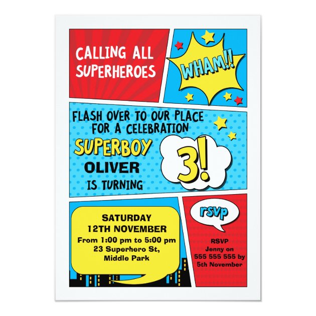 Boys Superhero 3rd Birthday Invitation