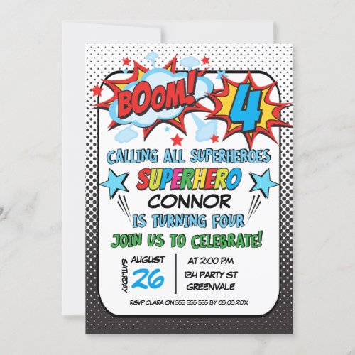 Boys Superhero  4th Birthday Invitation