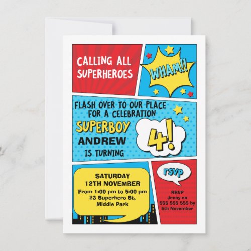 Boys Superhero 4th Birthday Invitation