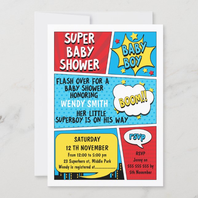 Boys Superhero Baby Shower Invitation (Front)