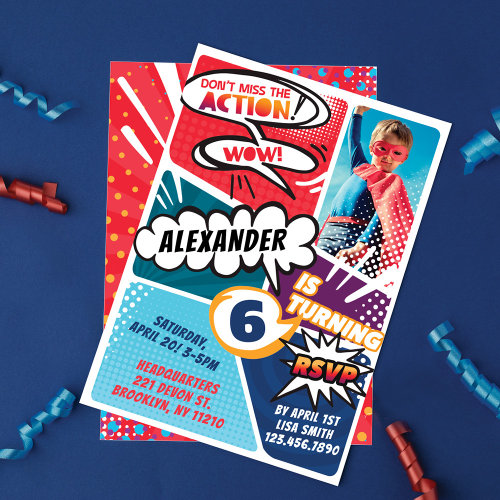 Boy's Superhero Comic Photo Birthday Invitation