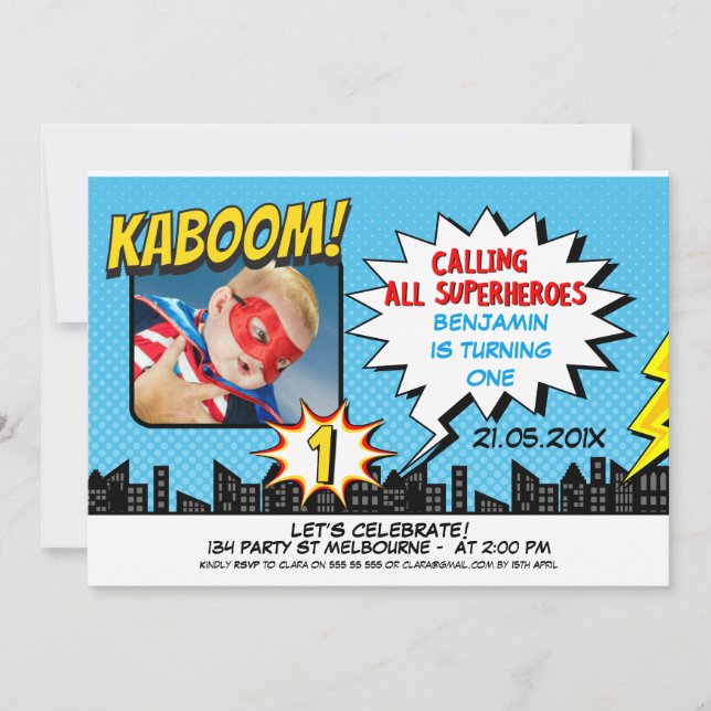 Boys Superhero Photo 1st Birthday Invitation (Front)