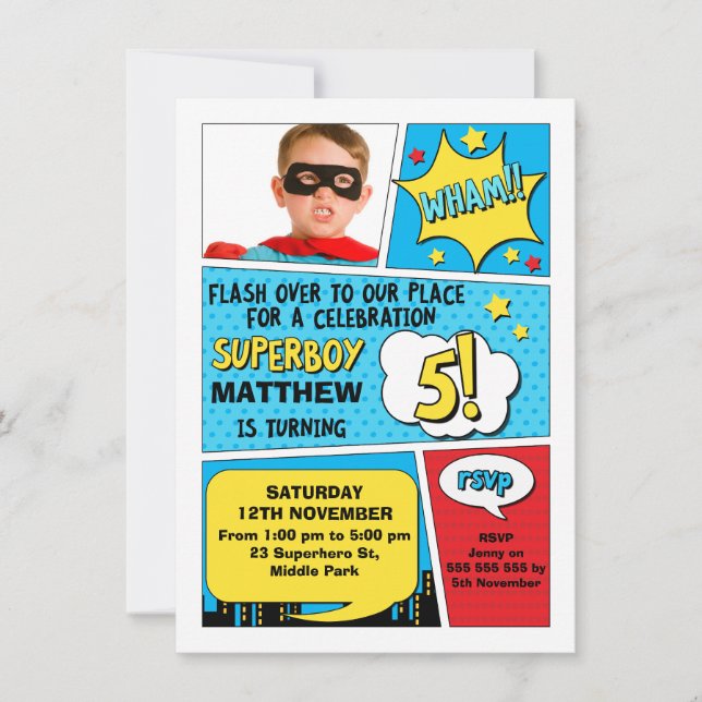 Boys Superhero Photo 5th Birthday Invitation (Front)