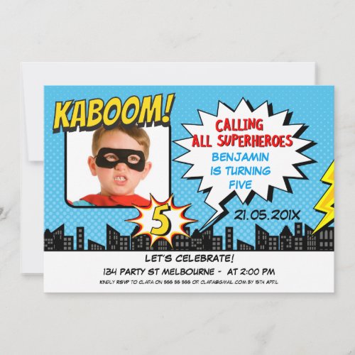 Boys Superhero Photo 5th Birthday Invitation