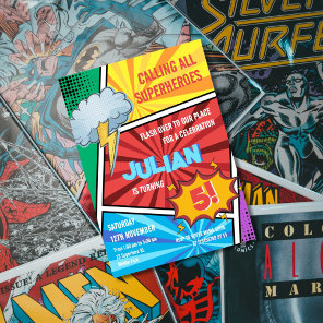 Boys Superhero Turning 5th Comic Birthday Invitation
