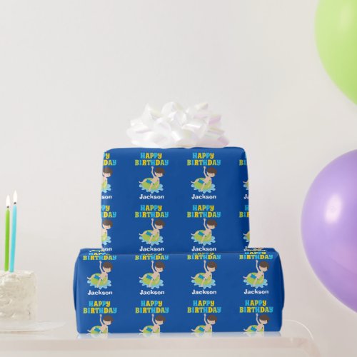 Boys Swimming Pool Party Kids Blue Birthday Wrapping Paper