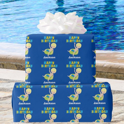 Boys Swimming Pool Party Kids Blue Birthday Wrapping Paper