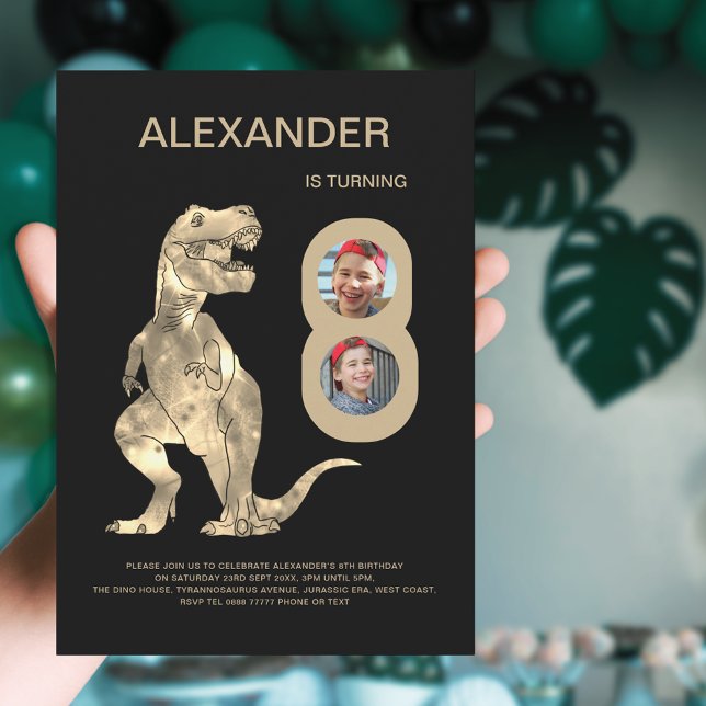 Boys T-Rex Dino 8th Birthday Party Photo Collage Invitation (Dinosaur T-Rex boys 8th birthday party 2 photo collage invitation)