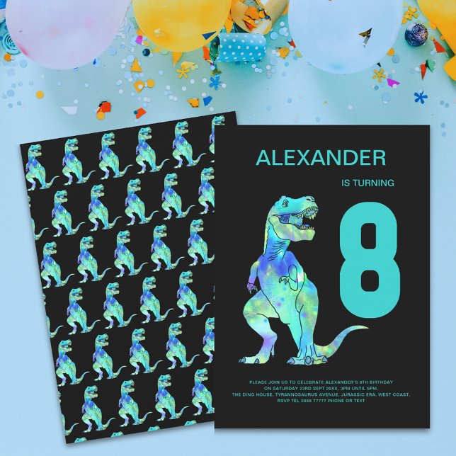 Boys T-Rex Dinosaur 8th Birthday Party Blue Invitation (Dino t-Rex boys 8th birthday party invitation colorful watercolor dinosaur teal green typography)