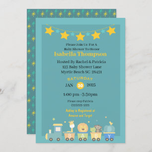 Boys Teal and Yellow Safari Train Baby Shower Invitation