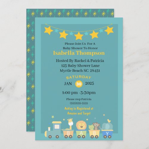 Boys Teal and Yellow Safari Train Baby Shower   Invitation