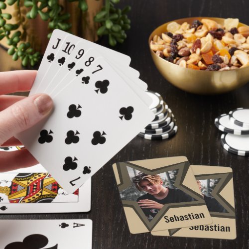 Boys teen photo in a black star brown custom name  poker cards