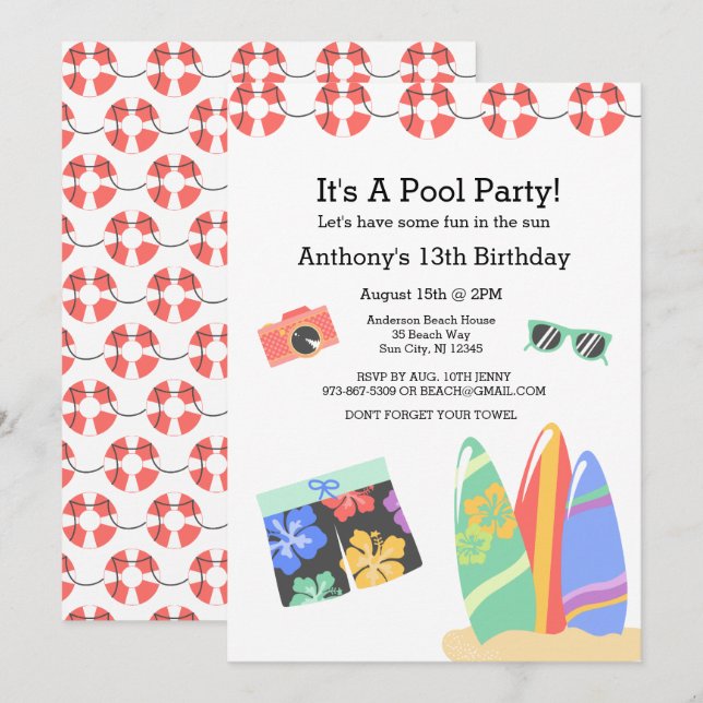 Boys Teen Pool Party Birthday Invitation (Front/Back)