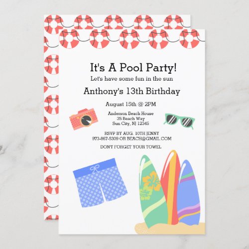 Boys Teen Pool Party Birthday Invitation