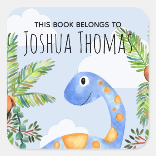 Boys This Book Belongs Blue Dinosaur and Name Kids Square Sticker