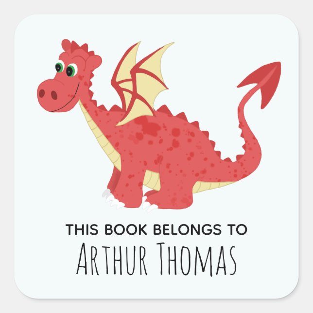 Boys 'This Book Belongs' Welsh Dragon & Name Kids Square Sticker (Front)
