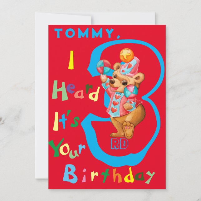 Boys Three Year Old Personalized Birthday Card. Thank You Card (Front)
