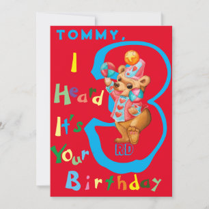Boys Three Year Old Personalized Birthday Card. Thank You Card