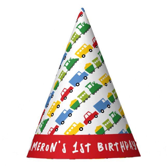 Boys Toys Car Bus Truck Train Transport Birthday Party Hat (Front)