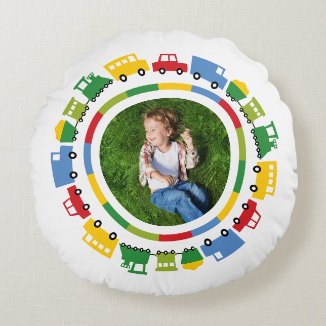 Boys Toys Cars Bus Trains Birthday Photo Stickers Round Pillow (Front)