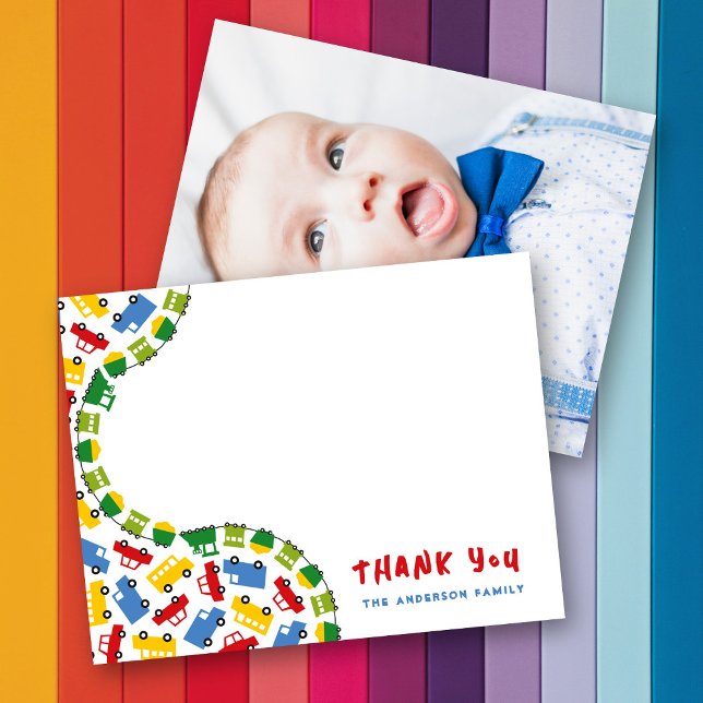 Boy's Toys Colorful Car Bus Truck & Train Baby Boy Thank You Card (Boy's Toys Colorful TRnsport Car Bus Truck & Train Baby Boy Photo Thank You Card @ fatfatin_mini_me)