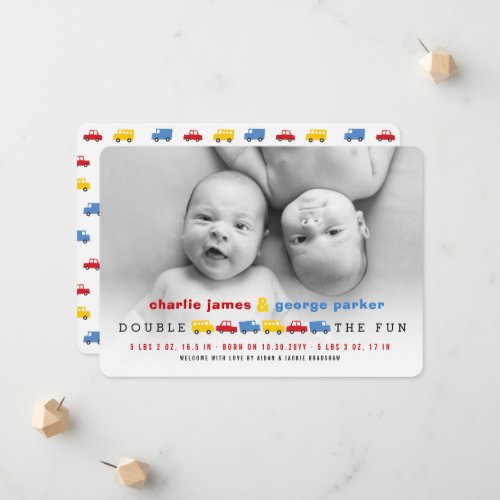 Boys Toys Colorful Transport Twin Boys Photo Birth Announcement