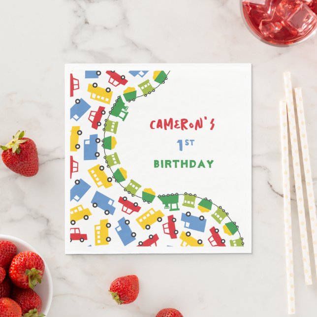 Boys Toys Fun Colorful Transport Birthday Party Napkins (Insitu)