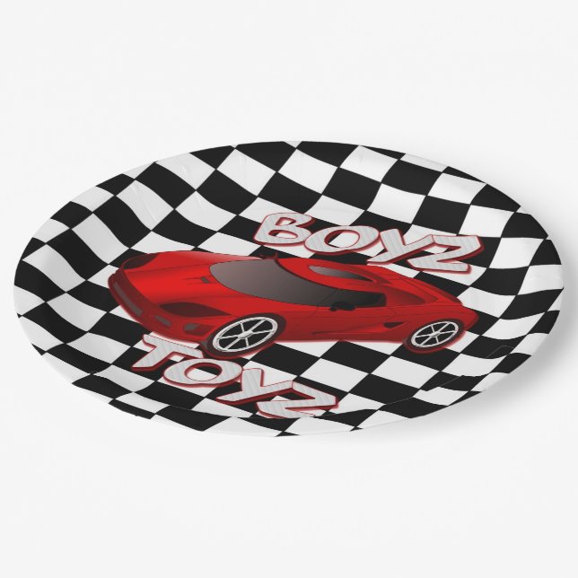 Boys Toys Red Sports Car Checkered Paper Plates (Angled)
