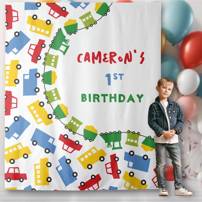 Boys Toys Transport Birthday Party Photo Backdrop (Boys Toys Colorful Transport Birthday Party Photo Backdrop Tapestry @ zazzle.com/fatfatin_mini_me)