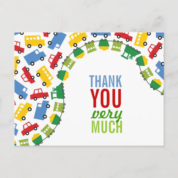 Boys Toys Transport Car Train Bus Truck Thank You Postcard Zazzle Com