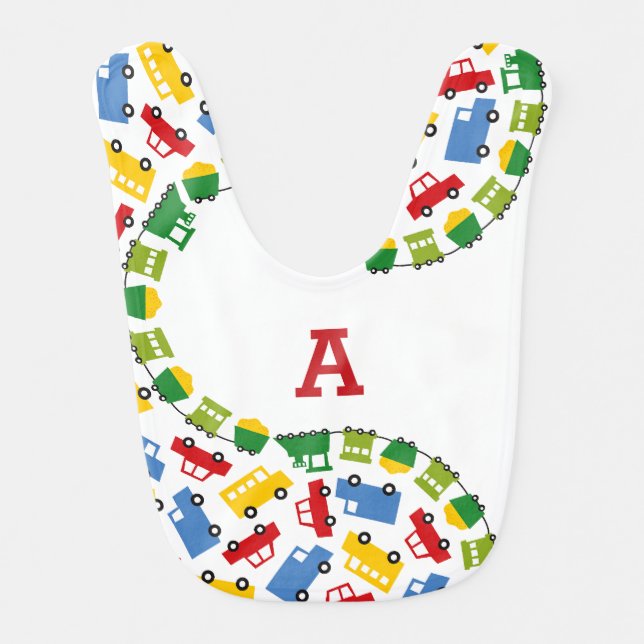 Boys Toys Transport Cars Buses Train Monogram Bib (Front)