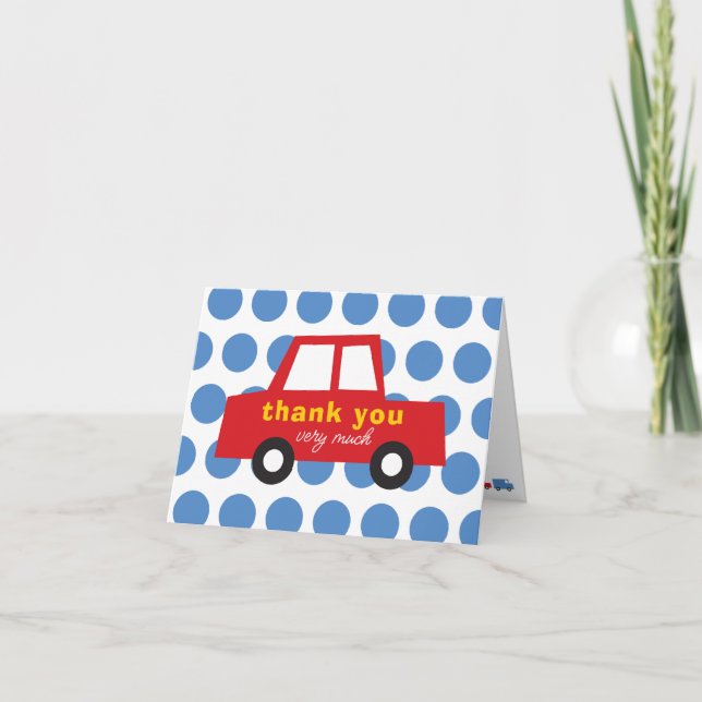 Boy's Toys Transport Fun & Cute Red Car Blue Dots Thank You Card (Front)