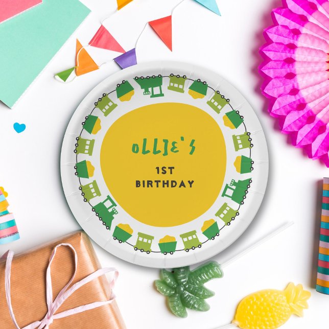 Boys Toys Transport Green Train Kid Birthday Party Paper Plates (Boys Toys Fun Circle Transport Green Train Kid's Birthday Party Paper Plates @ fatfatin_mini_me)