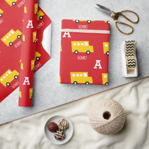 Boys Toys Transport Yellow Bus Monogram Birthday Wrapping Paper