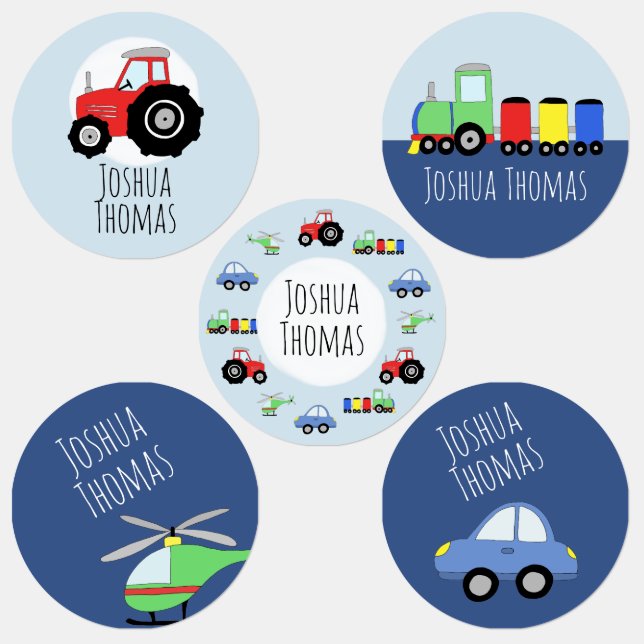 Boys Tractor, Car, Train Cartoon and Name Kids' Labels (Group)