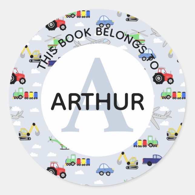 Boys Tractor Train Airplane and Name Bookplate (Front)