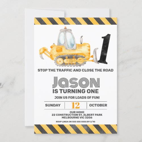 Boys Traffic Construction Vehicles 1st Birthday Invitation