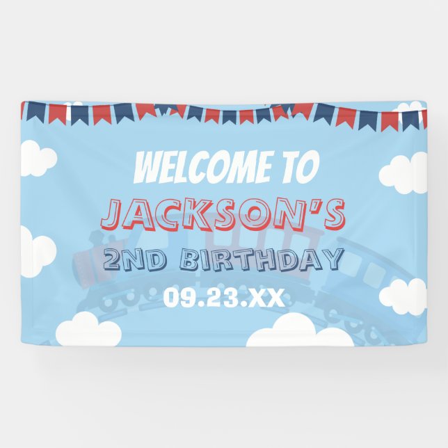 Boys Train Chugga Two Flag Blue Red White Birthday Banner (Horizontal)
