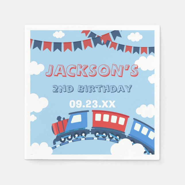 Boys Train Chugga Two Flag Blue Red White Birthday Napkins (Front)