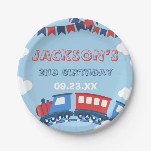 Boys Train Chugga Two Flag Blue Red White Birthday Paper Plates