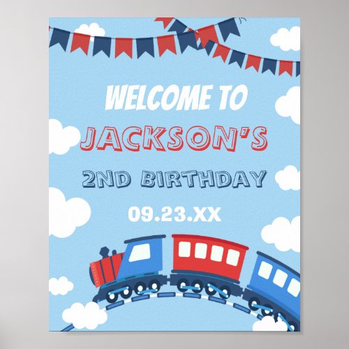 Boys Train Chugga Two Flag Blue Red White Birthday Poster