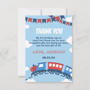 Boys Train Chugga Two Flag Blue Red White Birthday Thank You Card