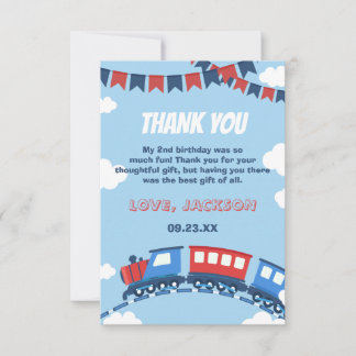 Boys Train Chugga Two Flag Blue Red White Birthday Thank You Card