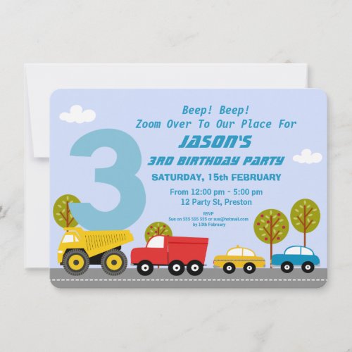 Boys Transport 3rd Birthday Party Invitation