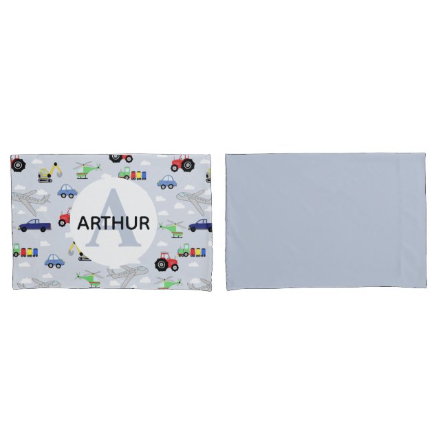Boys Transport Pattern Monogram Car Name Kids Pillow Case (Front-Set)
