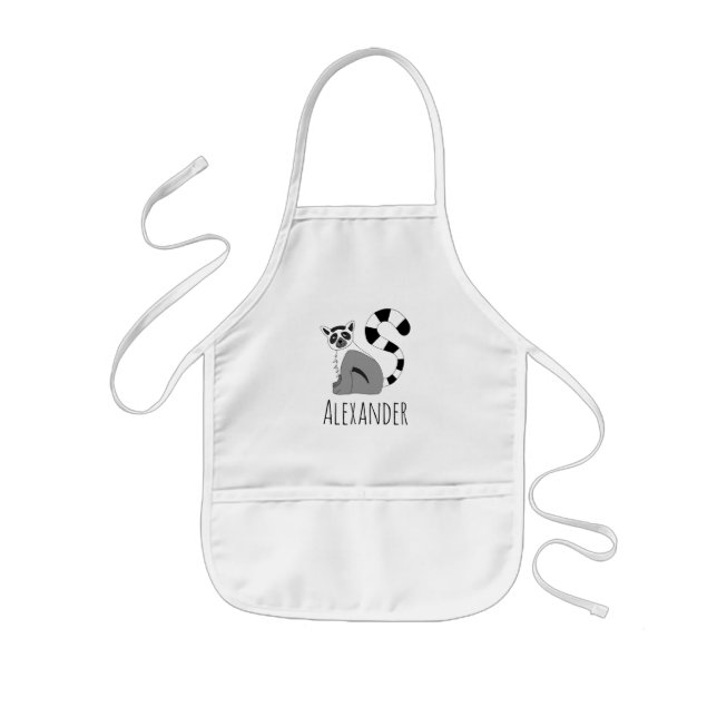 Boy's Trendy Jungle Lemur Cartoon with Name Kids' Apron (Front)